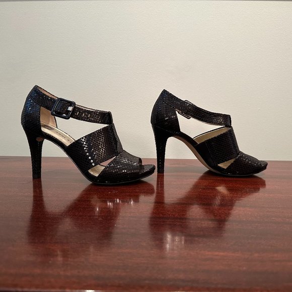 Anne Klein iFlex AK Akouray Faux Snakeskin Black Peep Toe Heel 5.5M New w/o Box - Picture 3 of 9